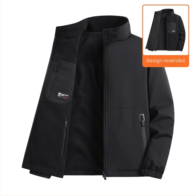 Jachetă reversibilă din fleece pentru bărbați, guler înalt, închidere cu fermoar, căptușeală fleece, buzunare 3D patch