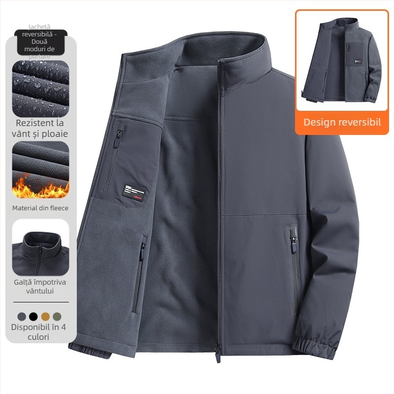 Jachetă reversibilă din fleece pentru bărbați, guler înalt, închidere cu fermoar, căptușeală fleece, buzunare 3D patch