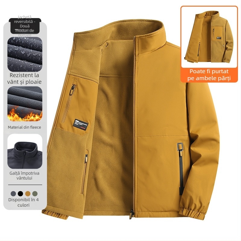 Jachetă reversibilă din fleece pentru bărbați, guler înalt, închidere cu fermoar, căptușeală fleece, buzunare 3D patch