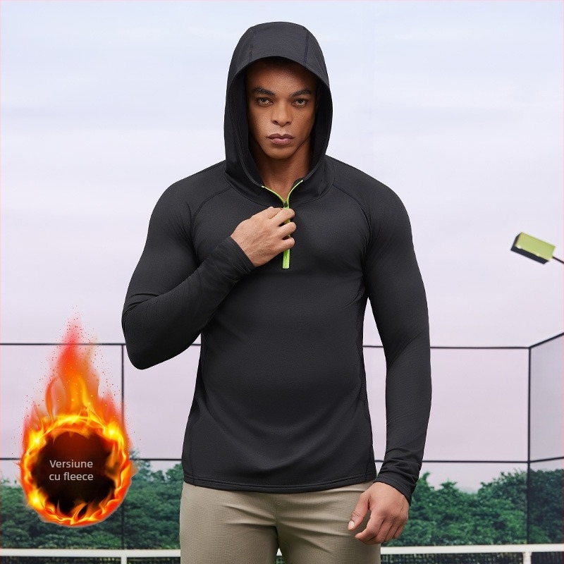 Hanorac bărbătesc din fleece cu glugă și fermoar parțial – croială Slim, rezistent la vânt, toamnă-iarnă (88% amestec poliester; 12% căptușeală poliester)