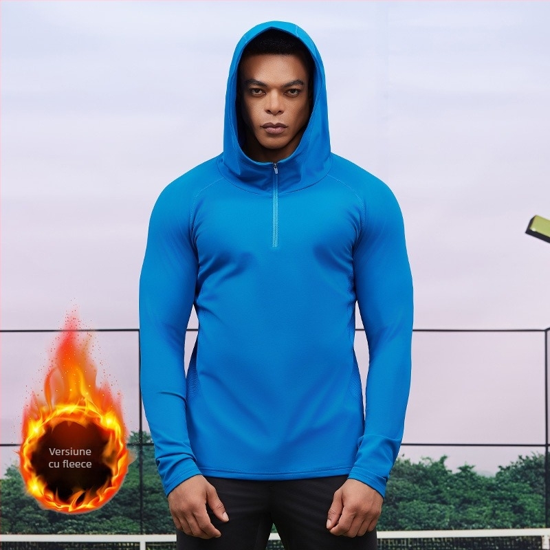 Hanorac bărbătesc din fleece cu glugă și fermoar parțial – croială Slim, rezistent la vânt, toamnă-iarnă (88% amestec poliester; 12% căptușeală poliester)