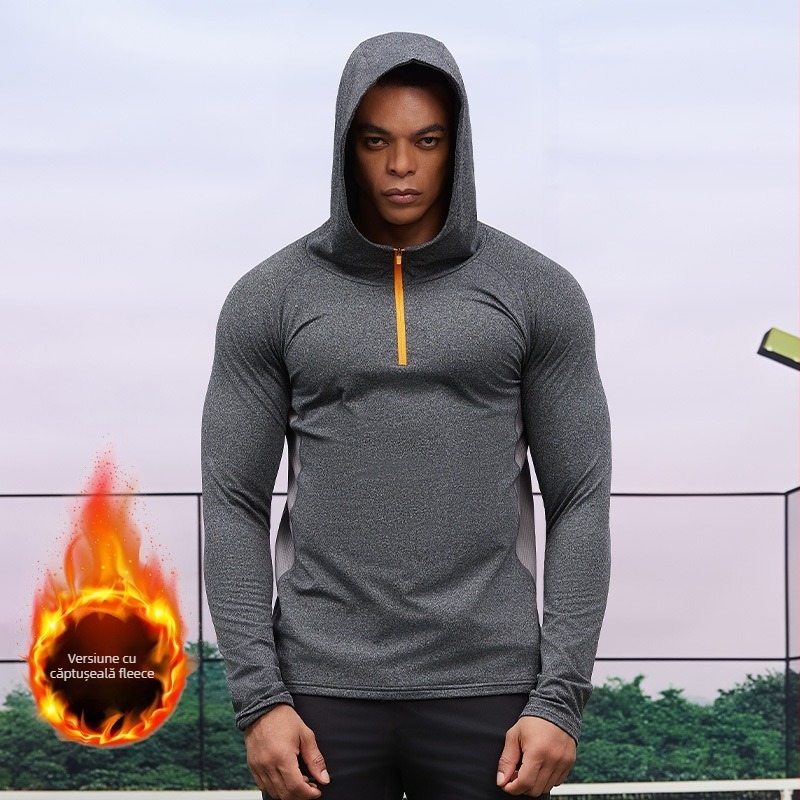 Hanorac bărbătesc din fleece cu glugă și fermoar parțial – croială Slim, rezistent la vânt, toamnă-iarnă (88% amestec poliester; 12% căptușeală poliester)