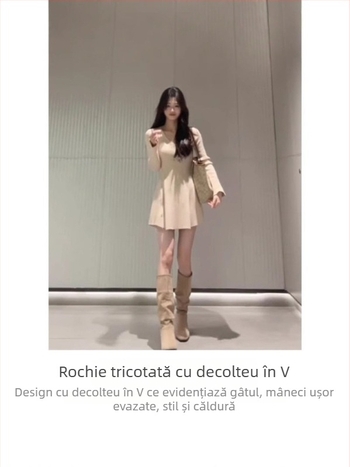 Rochie tricotată cu decolteu în V, talie elastică, mâneci clopot și fustă A-line scurtă – material tricot viscoză/poliester