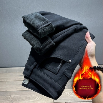 Jeansi denim bărbați, căptușiți cu fleece pentru iarnă, croială dreaptă, talie medie, fermoar, stil coreean, 98% bumbac