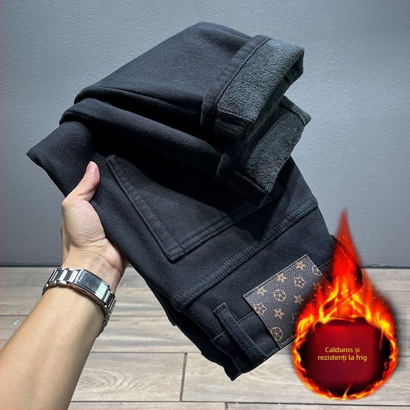Jeansi denim bărbați, căptușiți cu fleece pentru iarnă, croială dreaptă, talie medie, fermoar, stil coreean, 98% bumbac
