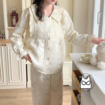 Set de pijamale maternale toamnă-iarnă din bumbac aer, cu pernuțe pentru sân, cardigan călduros, set din două piese