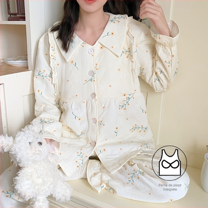 Set de pijamale maternale toamnă-iarnă din bumbac aer, cu pernuțe pentru sân, cardigan călduros, set din două piese