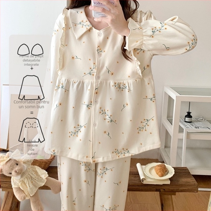 Set de pijamale maternale toamnă-iarnă din bumbac aer, cu pernuțe pentru sân, cardigan călduros, set din două piese