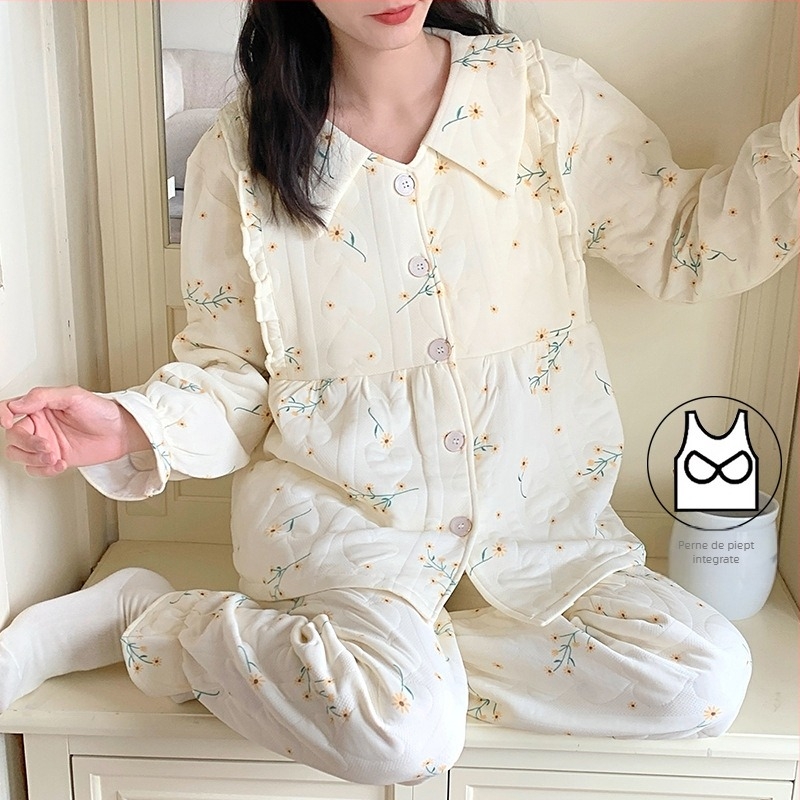 Set de pijamale maternale toamnă-iarnă din bumbac aer, cu pernuțe pentru sân, cardigan călduros, set din două piese