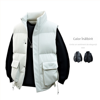 Vesta bărbătească din bumbac, cu guler înalt, croială lejeră, fără glugă, buzunare 3D patch