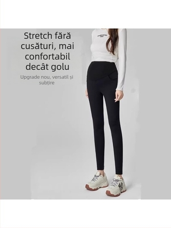 Pantaloni de maternitate din amestec de lână, lungi, talie înaltă, susținere a burții, căptuți cu fleece