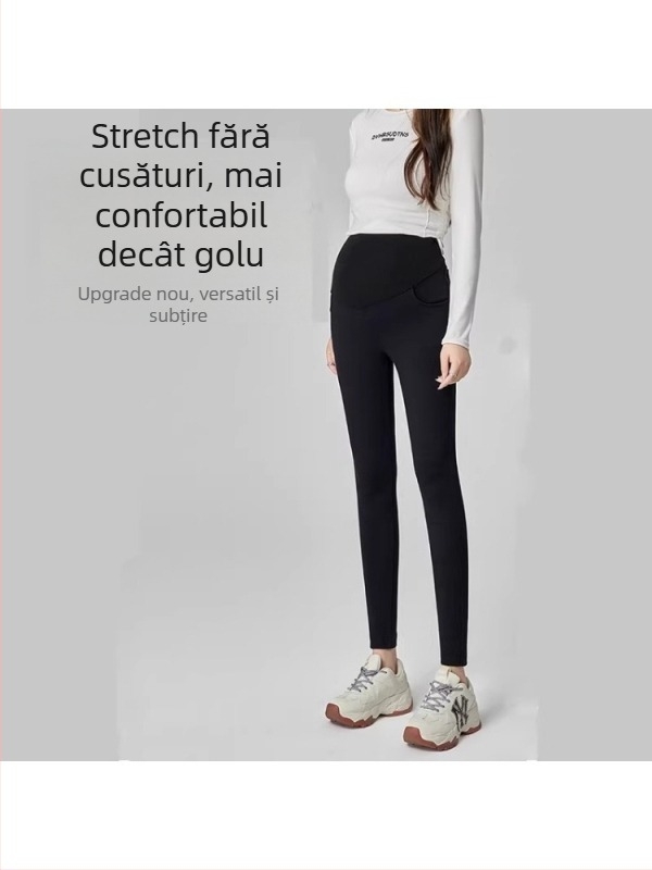 Pantaloni de maternitate din amestec de lână, lungi, talie înaltă, susținere a burții, căptuți cu fleece