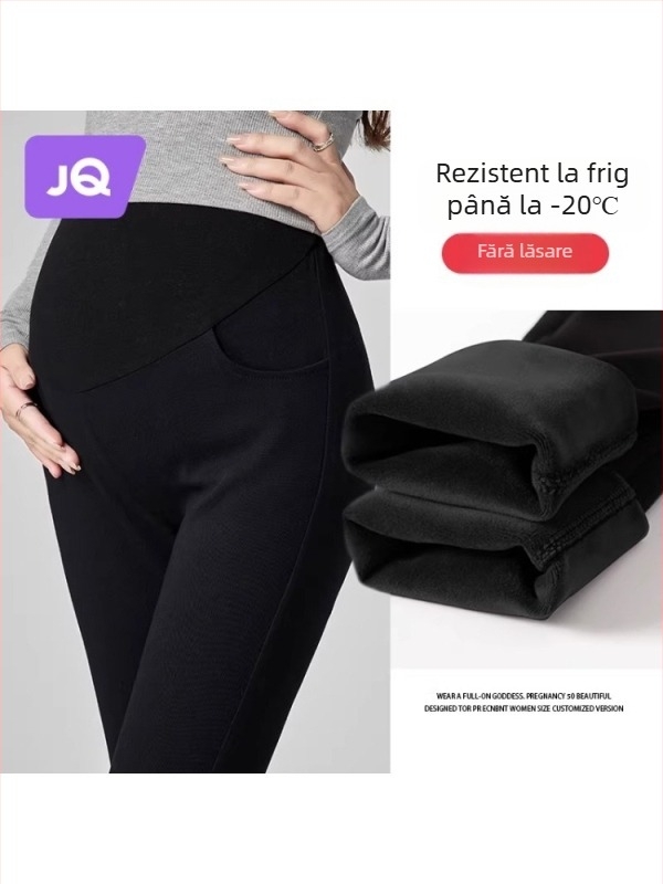 Pantaloni de maternitate din amestec de lână, lungi, talie înaltă, susținere a burții, căptuți cu fleece