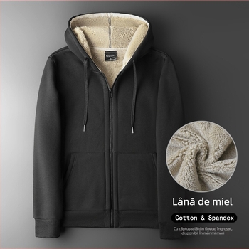 Cardigan cu glugă pentru bărbați din bumbac velur gros, croială lejeră, fermoar, buzunar tip marsupiu