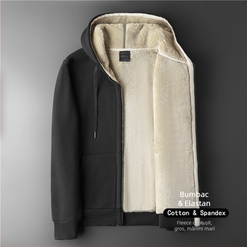 Cardigan cu glugă pentru bărbați din bumbac velur gros, croială lejeră, fermoar, buzunar tip marsupiu