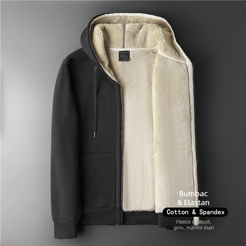 Cardigan cu glugă pentru bărbați din bumbac velur gros, croială lejeră, fermoar, buzunar tip marsupiu