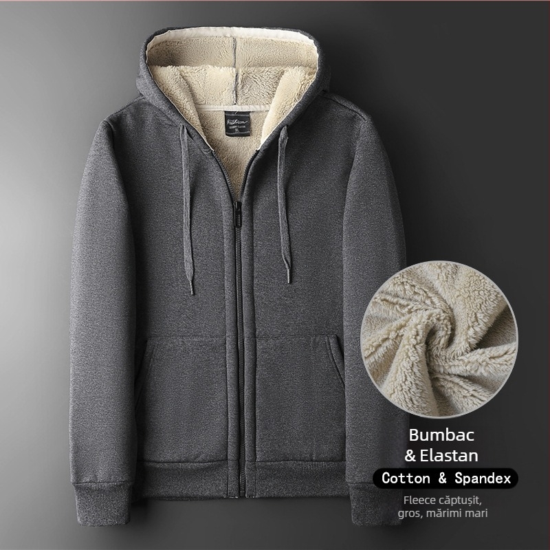 Cardigan cu glugă pentru bărbați din bumbac velur gros, croială lejeră, fermoar, buzunar tip marsupiu