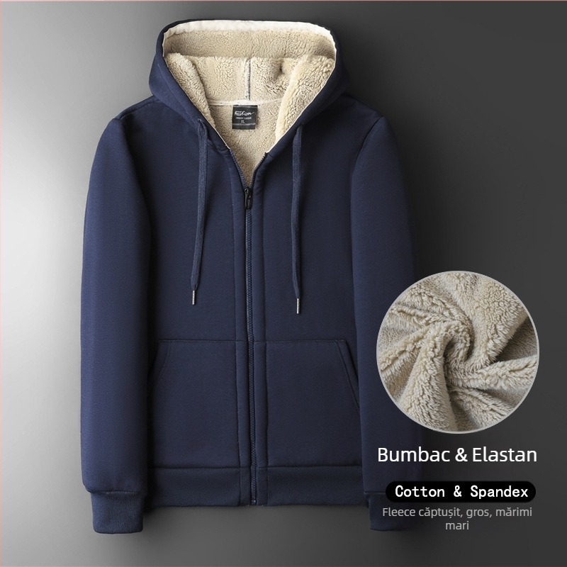 Cardigan cu glugă pentru bărbați din bumbac velur gros, croială lejeră, fermoar, buzunar tip marsupiu