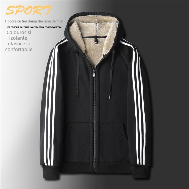 Cardigan cu glugă pentru bărbați din bumbac velur gros, croială lejeră, fermoar, buzunar tip marsupiu