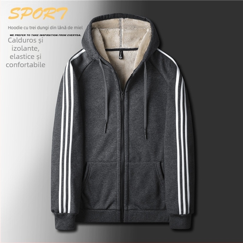 Cardigan cu glugă pentru bărbați din bumbac velur gros, croială lejeră, fermoar, buzunar tip marsupiu