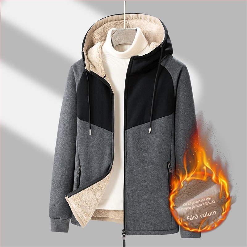 Cardigan cu glugă pentru bărbați din bumbac velur gros, croială lejeră, fermoar, buzunar tip marsupiu