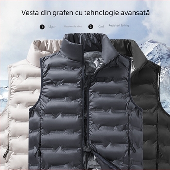 Vesta bărbați cu încălzire graphene pentru toamnă-iarna, fără mâneci, guler înalt, umplutură din puf de bumbac, material poliester, protecție împotriva vântului și căldură