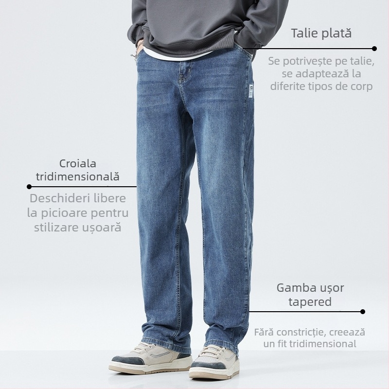 Blugi bărbați căptuți cu fleece pentru iarna 2025, croială dreaptă, talie medie, material din amestec bumbac-poliester cu elasticitate ușoară