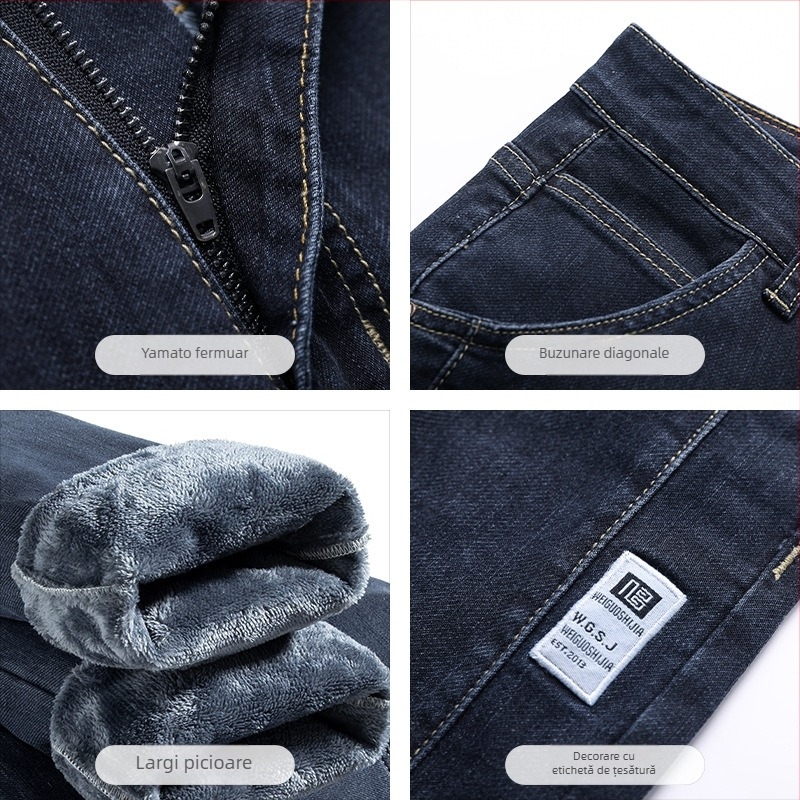 Blugi bărbați căptuți cu fleece pentru iarna 2025, croială dreaptă, talie medie, material din amestec bumbac-poliester cu elasticitate ușoară