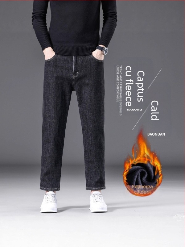 Pantaloni denim pentru bărbați, croială dreaptă, căptuțiți cu fleece de iarnă, talie medie, țesătură ușor elastică