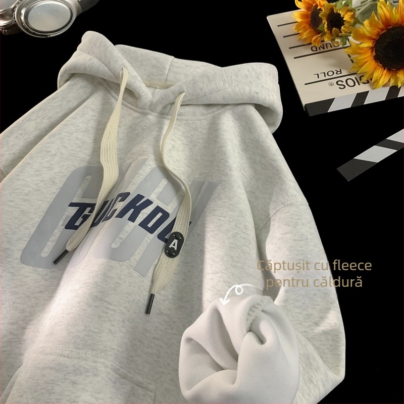 Hanorac din fleece poliester cu fermoar, croială lejeră, mâneci lungi, imprimeu cu litere