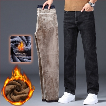 Pantaloni Denim Casual pentru Bărbați - croială dreaptă, talie medie, fermoar, cusături decorative, spălare, amestec bumbac-poliester-elastan