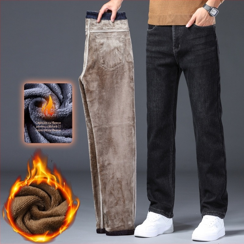 Pantaloni Denim Casual pentru Bărbați - croială dreaptă, talie medie, fermoar, cusături decorative, spălare, amestec bumbac-poliester-elastan