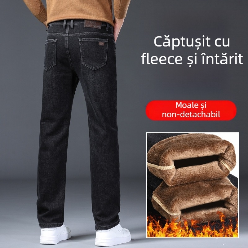 Pantaloni Denim Casual pentru Bărbați - croială dreaptă, talie medie, fermoar, cusături decorative, spălare, amestec bumbac-poliester-elastan