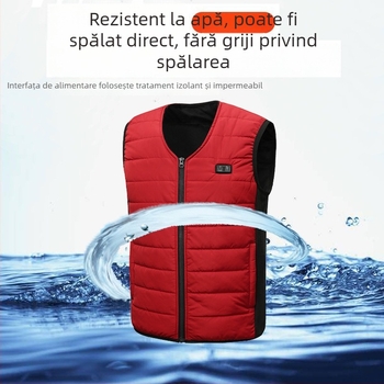 Vestă încălzită din bumbac, încălzire 12V, alimentare USB, guler în V, fermoar