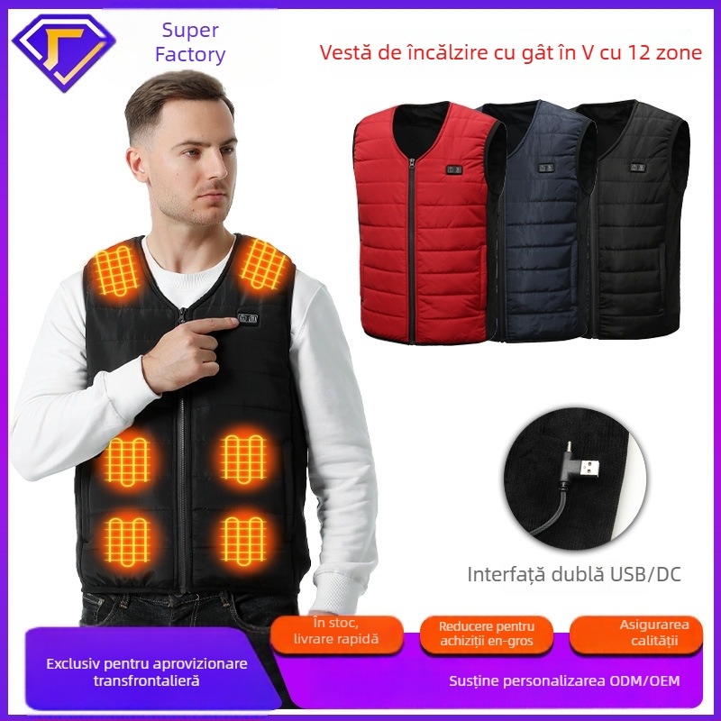 Vestă încălzită din bumbac, încălzire 12V, alimentare USB, guler în V, fermoar