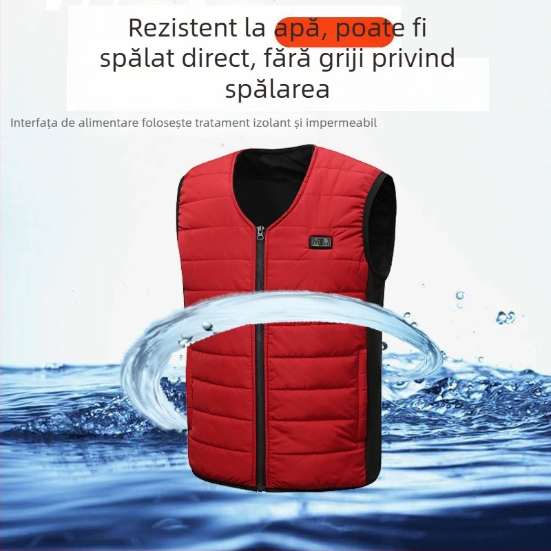 Vestă încălzită din bumbac, încălzire 12V, alimentare USB, guler în V, fermoar
