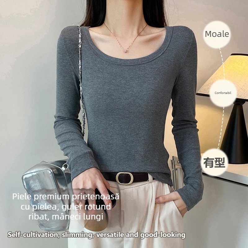 Tricou pentru femei cu guler rotund, mâneci lungi, croială slim, viscoză, model color-blocking (Viscoză; Color-blocking; Guler rotund; Mâneci lungi; Croială slim)