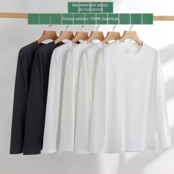 Tricou din bumbac cu mânecă lungă, croială lejeră, guler rotund, strat de bază, stil minimalist