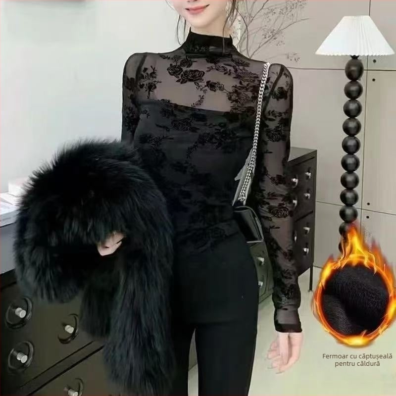 Bluza din dantelă și plasă, croială Slim, mâneci lungi, guler semiînalt, poliester-elastan, lungime regulată 50–65 cm