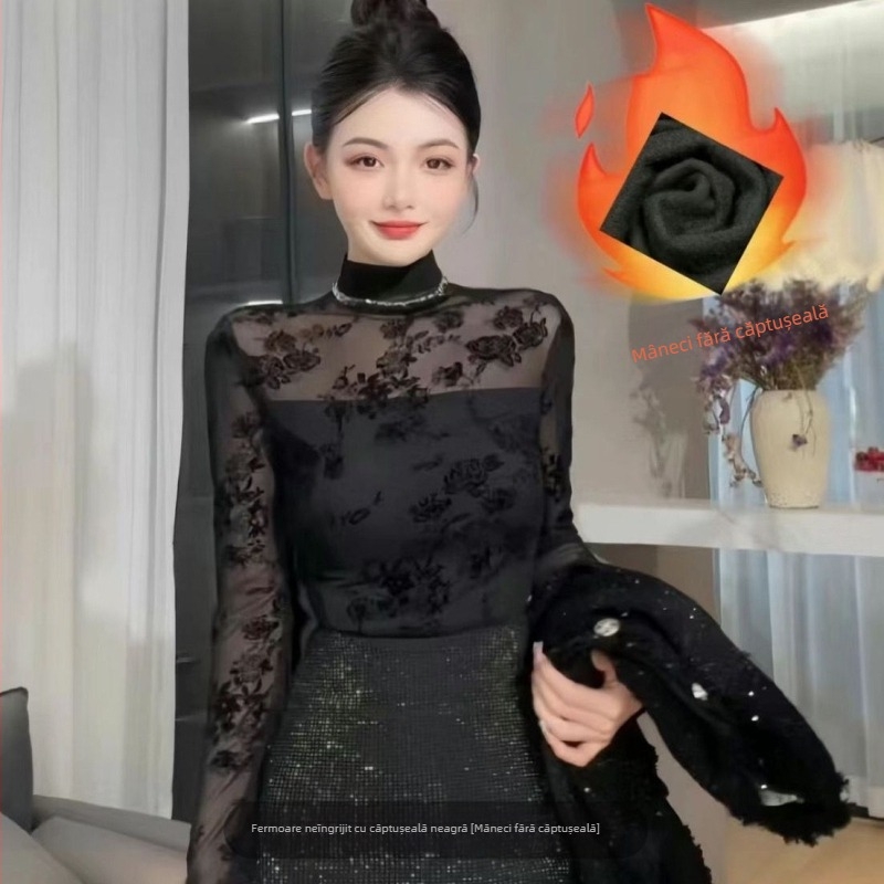 Bluza din dantelă și plasă, croială Slim, mâneci lungi, guler semiînalt, poliester-elastan, lungime regulată 50–65 cm