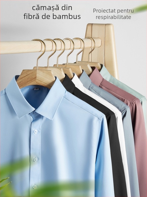 Cămașă bărbați cu mâneci lungi, fibre de bambus, non-iron, anti-pliuri, respirabilă, lavabilă la mașină, amestec poliester, guler drept pătrat, stil business