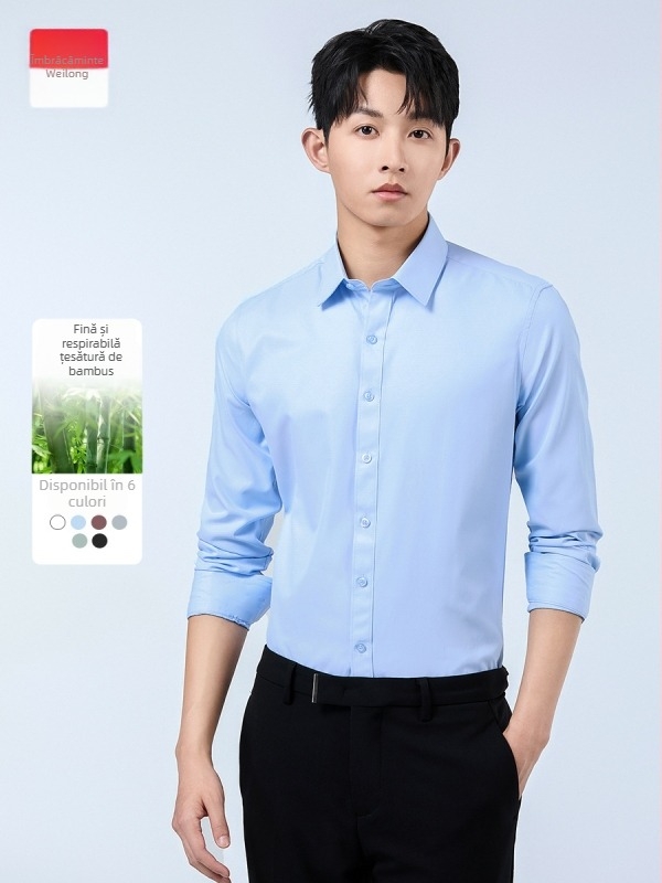 Cămașă bărbați cu mâneci lungi, fibre de bambus, non-iron, anti-pliuri, respirabilă, lavabilă la mașină, amestec poliester, guler drept pătrat, stil business