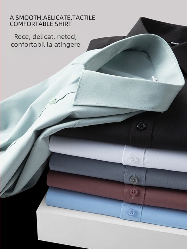 Cămașă bărbați cu mâneci lungi, fibre de bambus, non-iron, anti-pliuri, respirabilă, lavabilă la mașină, amestec poliester, guler drept pătrat, stil business