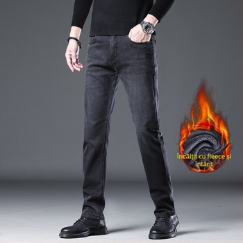 Blugi din denim pentru bărbați, croială Slim Straight, finisaj spălat, căptușeală fleece, talie medie, fermoar, cinci buzunare, pantaloni casual de iarnă