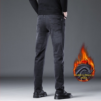 Blugi din denim pentru bărbați, croială Slim Straight, finisaj spălat, căptușeală fleece, talie medie, fermoar, cinci buzunare, pantaloni casual de iarnă