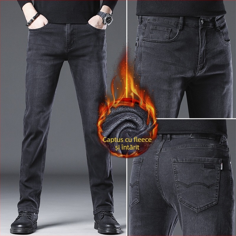 Blugi din denim pentru bărbați, croială Slim Straight, finisaj spălat, căptușeală fleece, talie medie, fermoar, cinci buzunare, pantaloni casual de iarnă