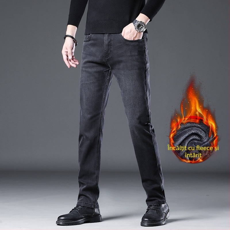 Blugi din denim pentru bărbați, croială Slim Straight, finisaj spălat, căptușeală fleece, talie medie, fermoar, cinci buzunare, pantaloni casual de iarnă