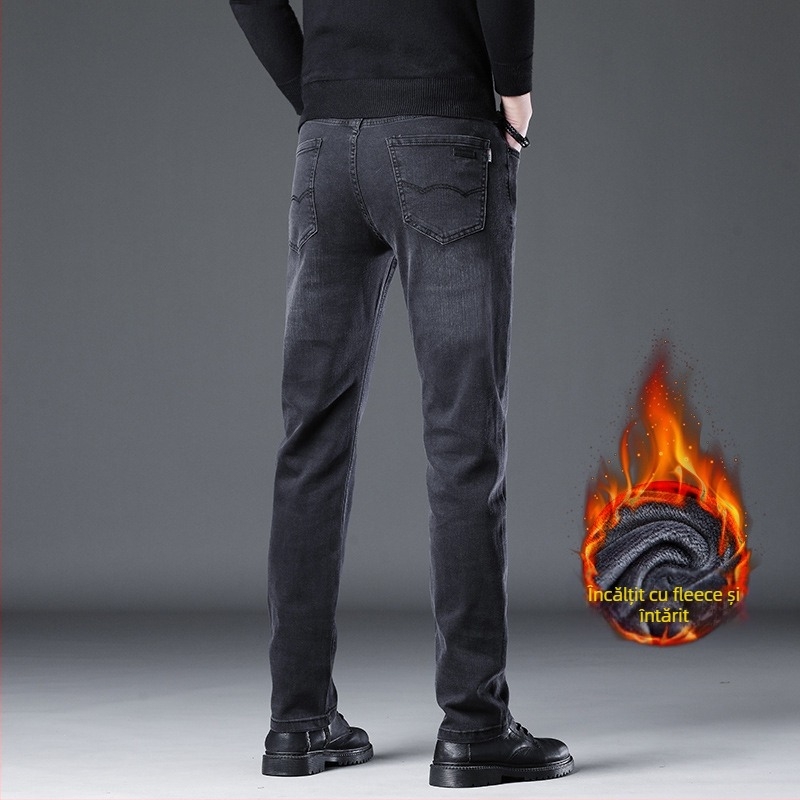 Blugi din denim pentru bărbați, croială Slim Straight, finisaj spălat, căptușeală fleece, talie medie, fermoar, cinci buzunare, pantaloni casual de iarnă