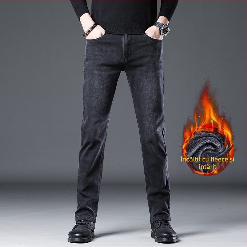Blugi din denim pentru bărbați, croială Slim Straight, finisaj spălat, căptușeală fleece, talie medie, fermoar, cinci buzunare, pantaloni casual de iarnă