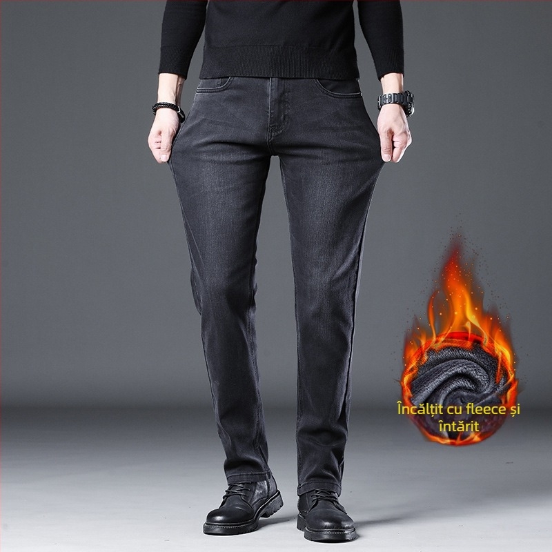 Blugi din denim pentru bărbați, croială Slim Straight, finisaj spălat, căptușeală fleece, talie medie, fermoar, cinci buzunare, pantaloni casual de iarnă